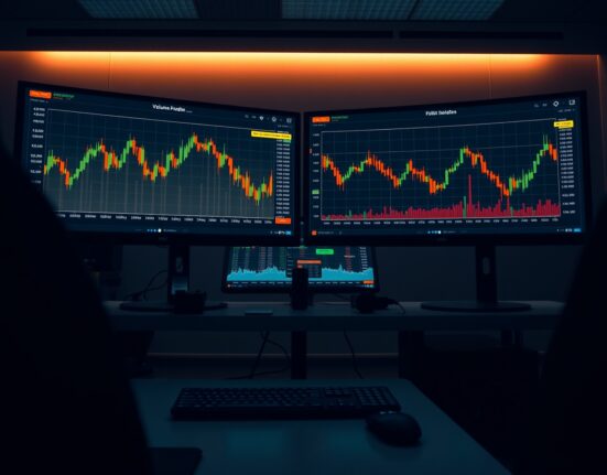 Trading desk monitors showing Bitcoin volume heatmap and CVD chart for market depth analysis.