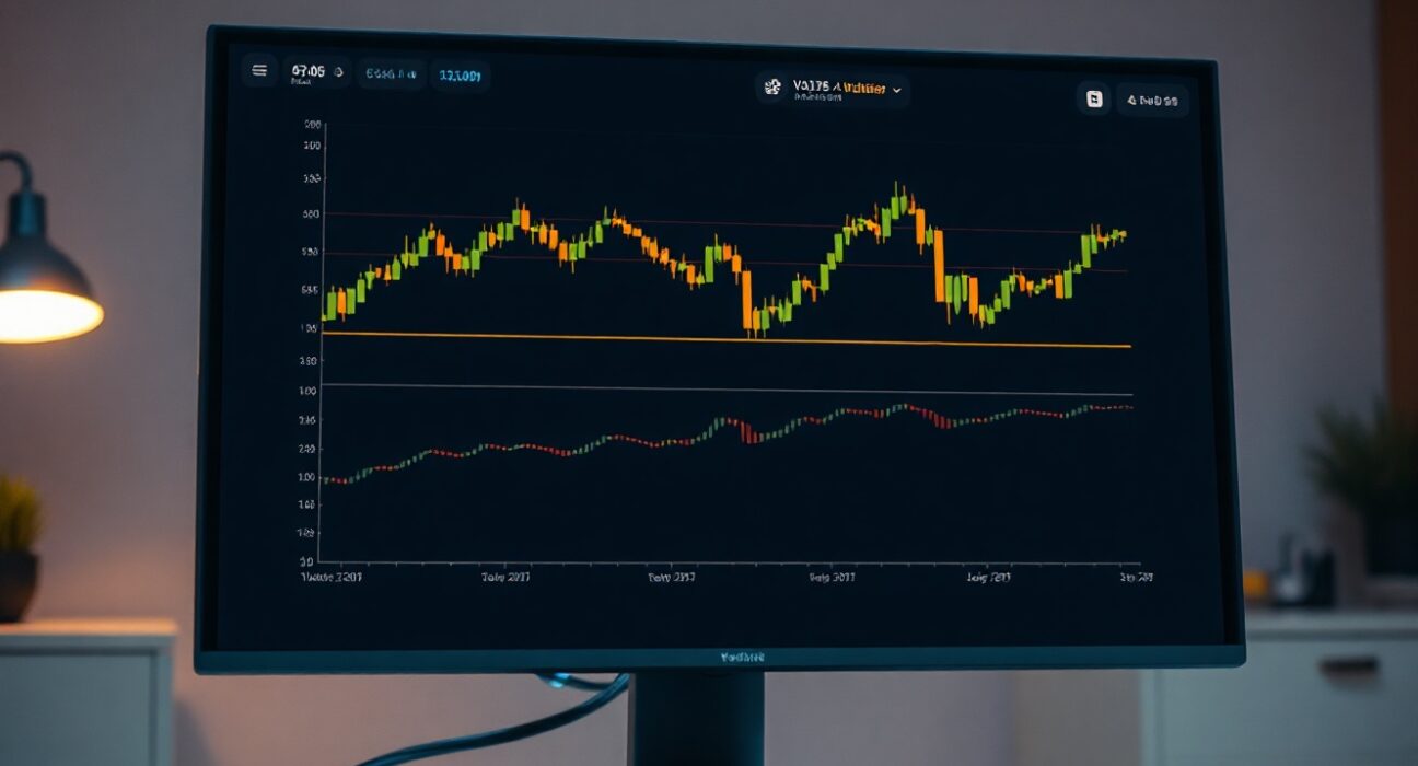 BTC/USDT trading chart with volume heatmap and CVD indicator on a monitor