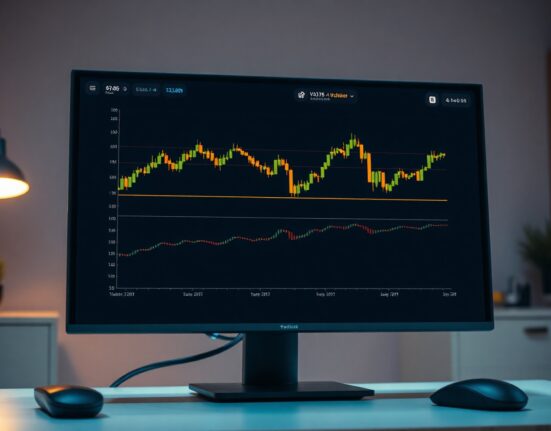 BTC/USDT trading chart with volume heatmap and CVD indicator on a monitor