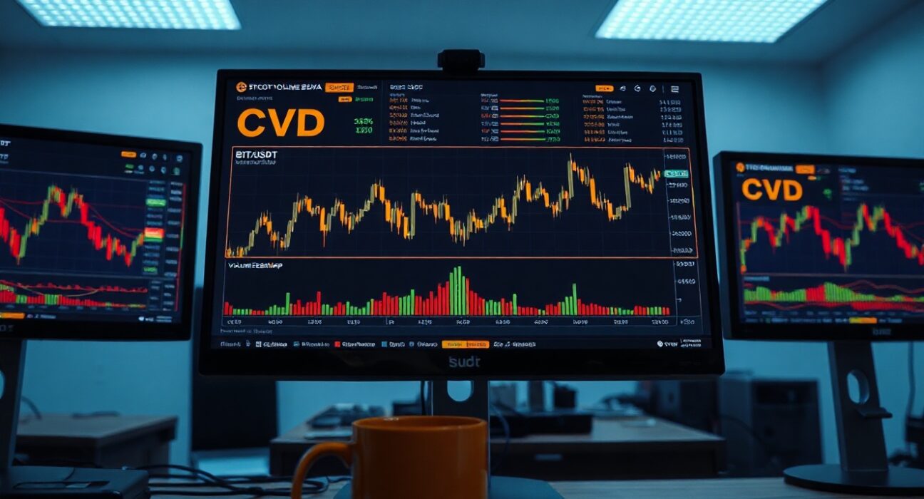 BTC/USDT order book chart showing Cumulative Volume Delta and Volume Heatmap on a trading monitor