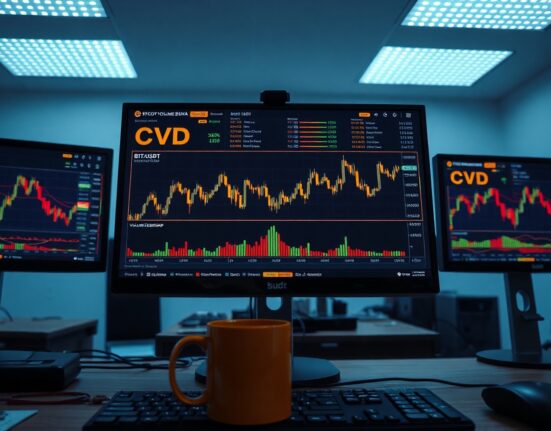 BTC/USDT order book chart showing Cumulative Volume Delta and Volume Heatmap on a trading monitor