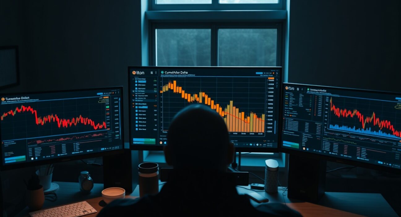 Trader analyzing Bitcoin BTC/USDT Cumulative Volume Delta chart on multiple monitors in a dimly lit office