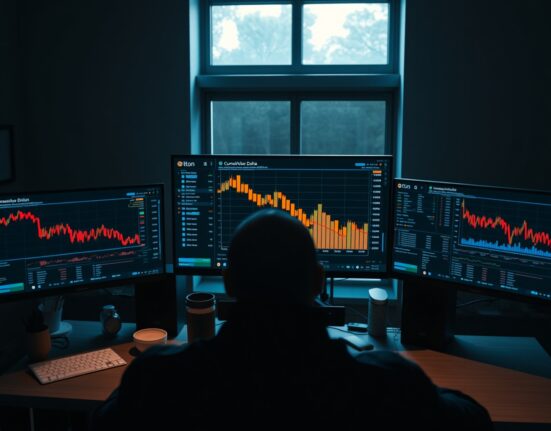 Trader analyzing Bitcoin BTC/USDT Cumulative Volume Delta chart on multiple monitors in a dimly lit office