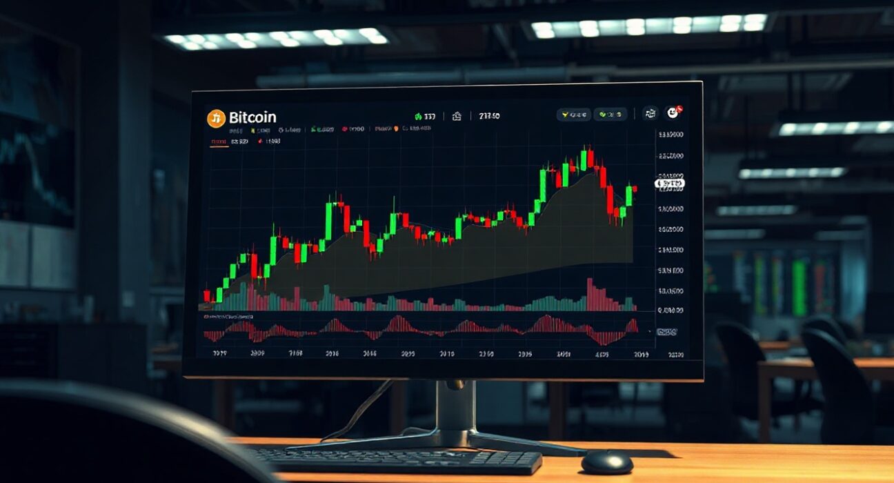 Financial trading monitor displaying BTC/USDT price chart with volume heatmap and Cumulative Volume Delta indicator.