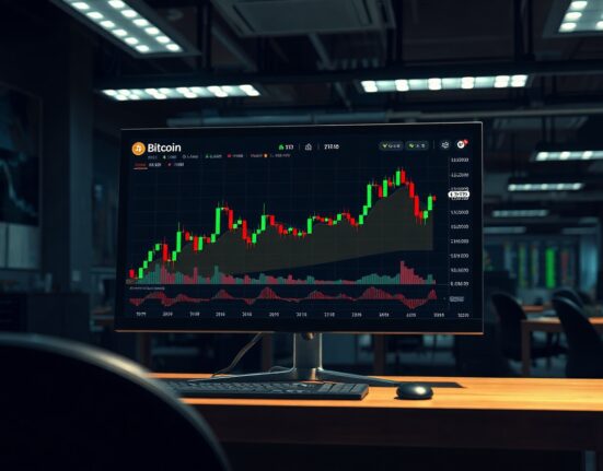 Financial trading monitor displaying BTC/USDT price chart with volume heatmap and Cumulative Volume Delta indicator.