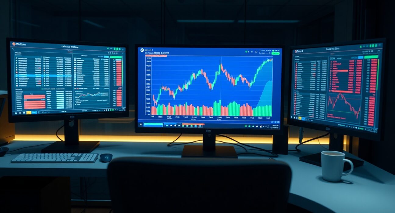 Professional trading desk with Bitcoin chart and cumulative volume delta indicator on screen
