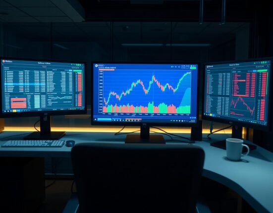 Professional trading desk with Bitcoin chart and cumulative volume delta indicator on screen