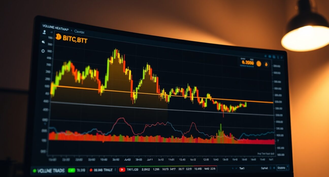 Bitcoin BTC/USDT spot chart with volume heatmap and cumulative volume delta indicator