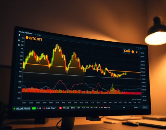 Bitcoin BTC/USDT spot chart with volume heatmap and cumulative volume delta indicator
