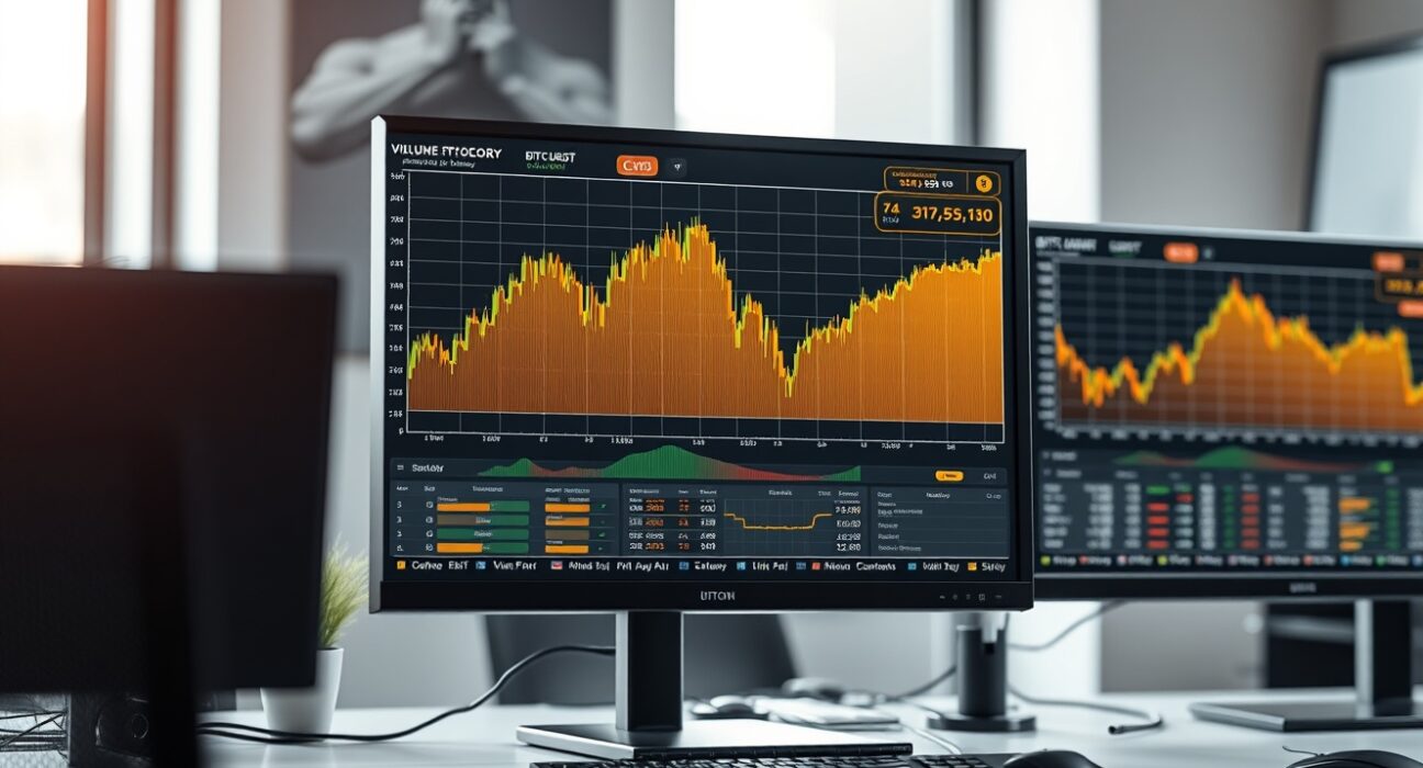 Bitcoin BTC/USDT spot cumulative volume delta and volume heatmap chart analysis on a trading monitor.