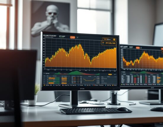 Bitcoin BTC/USDT spot cumulative volume delta and volume heatmap chart analysis on a trading monitor.