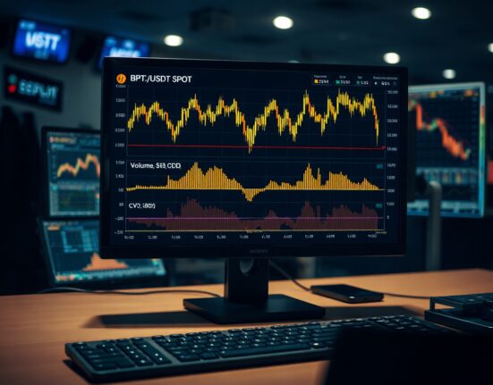 BTC/USDT spot trading chart with volume heatmap and CVD indicator on a monitor
