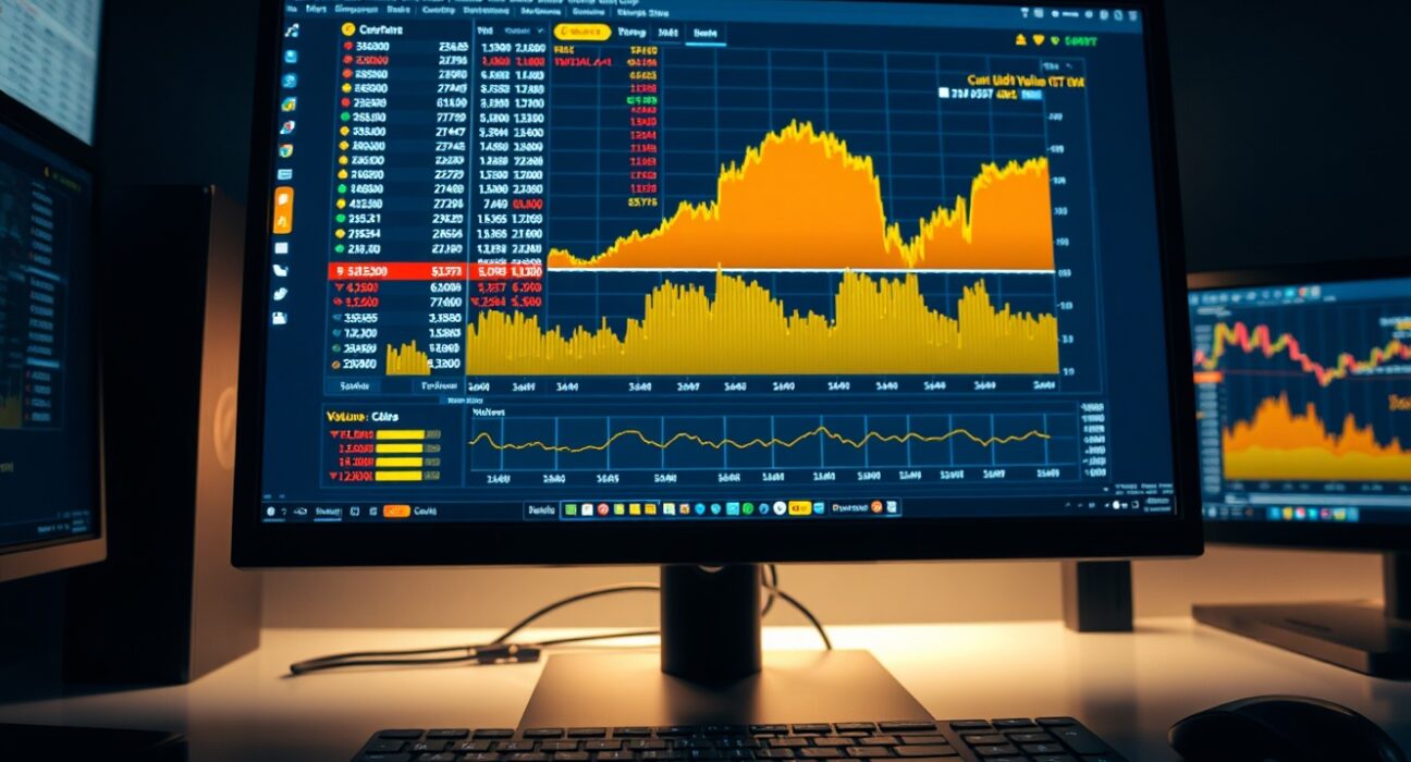 Trading monitor showing BTC/USDT Cumulative Volume Delta chart and Volume Heatmap