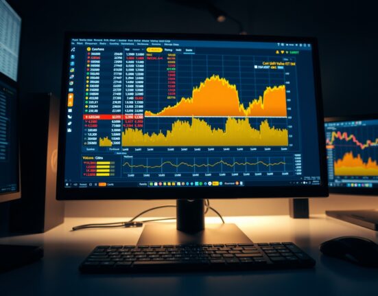 Trading monitor showing BTC/USDT Cumulative Volume Delta chart and Volume Heatmap