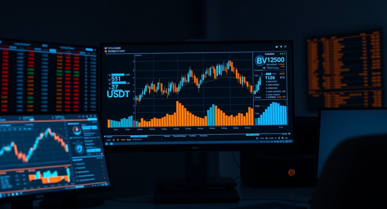 Trading desk monitors showing BTC/USDT order book with Cumulative Volume Delta and Volume Heatmap indicators