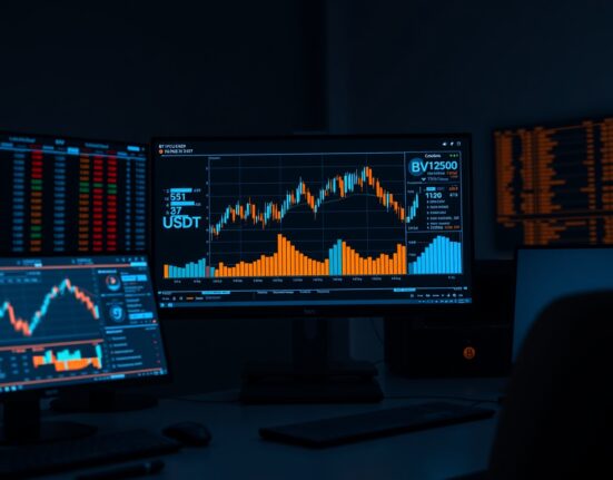 Trading desk monitors showing BTC/USDT order book with Cumulative Volume Delta and Volume Heatmap indicators