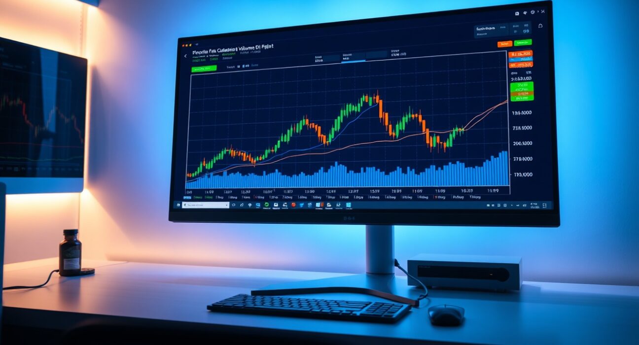 Bitcoin trading chart showing cumulative volume delta and volume heatmap on a professional monitor.