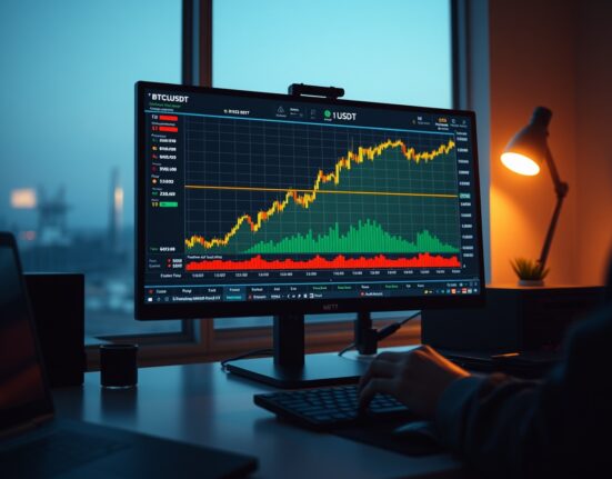 Bitcoin trading chart showing cumulative volume delta and volume heatmap on a professional monitor.
