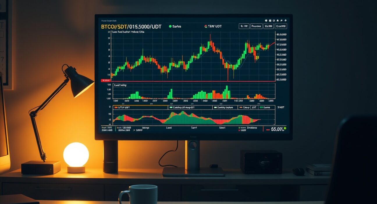 BTC/USDT spot CVD chart with volume heatmap on a monitor in a dimly lit trading office.