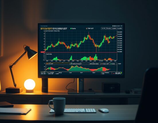 BTC/USDT spot CVD chart with volume heatmap on a monitor in a dimly lit trading office.