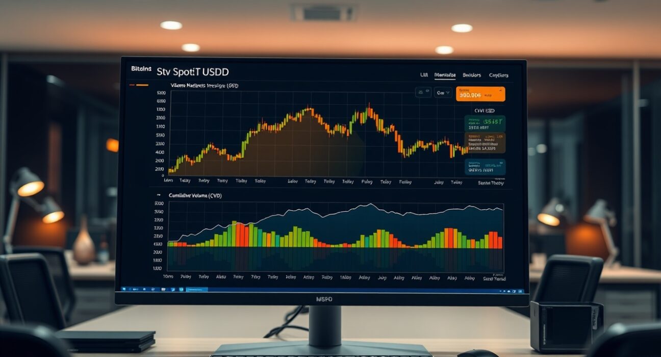 Professional trading monitor displaying a BTC/USDT Spot CVD chart with Volume Heatmap and Cumulative Volume Delta