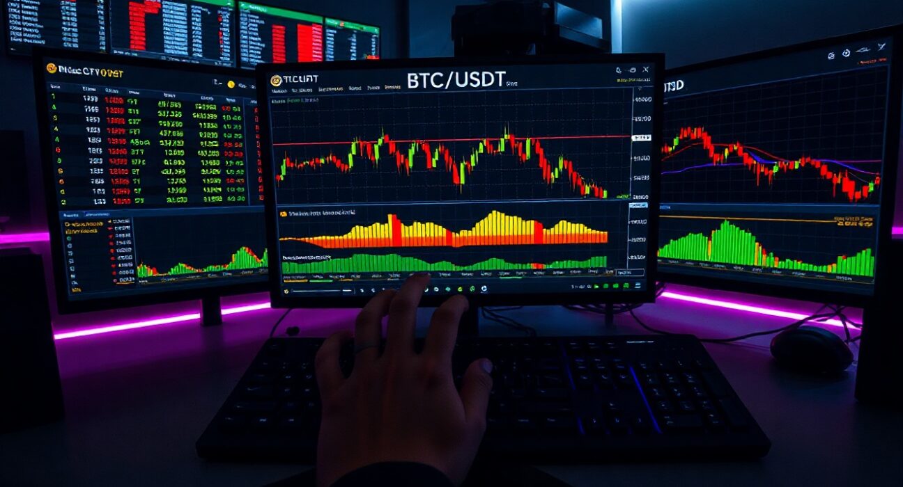 Trader analyzing BTC/USDT order book with Cumulative Volume Delta chart on multiple monitors.