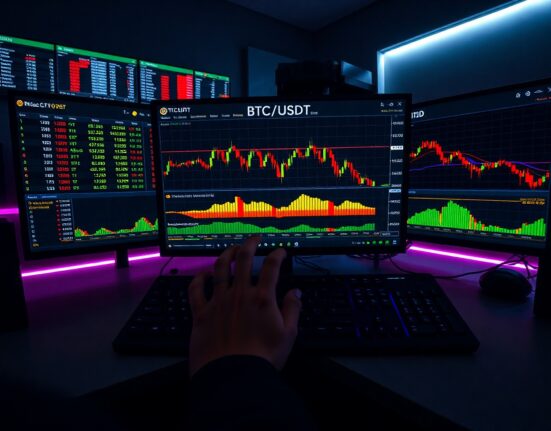 Trader analyzing BTC/USDT order book with Cumulative Volume Delta chart on multiple monitors.