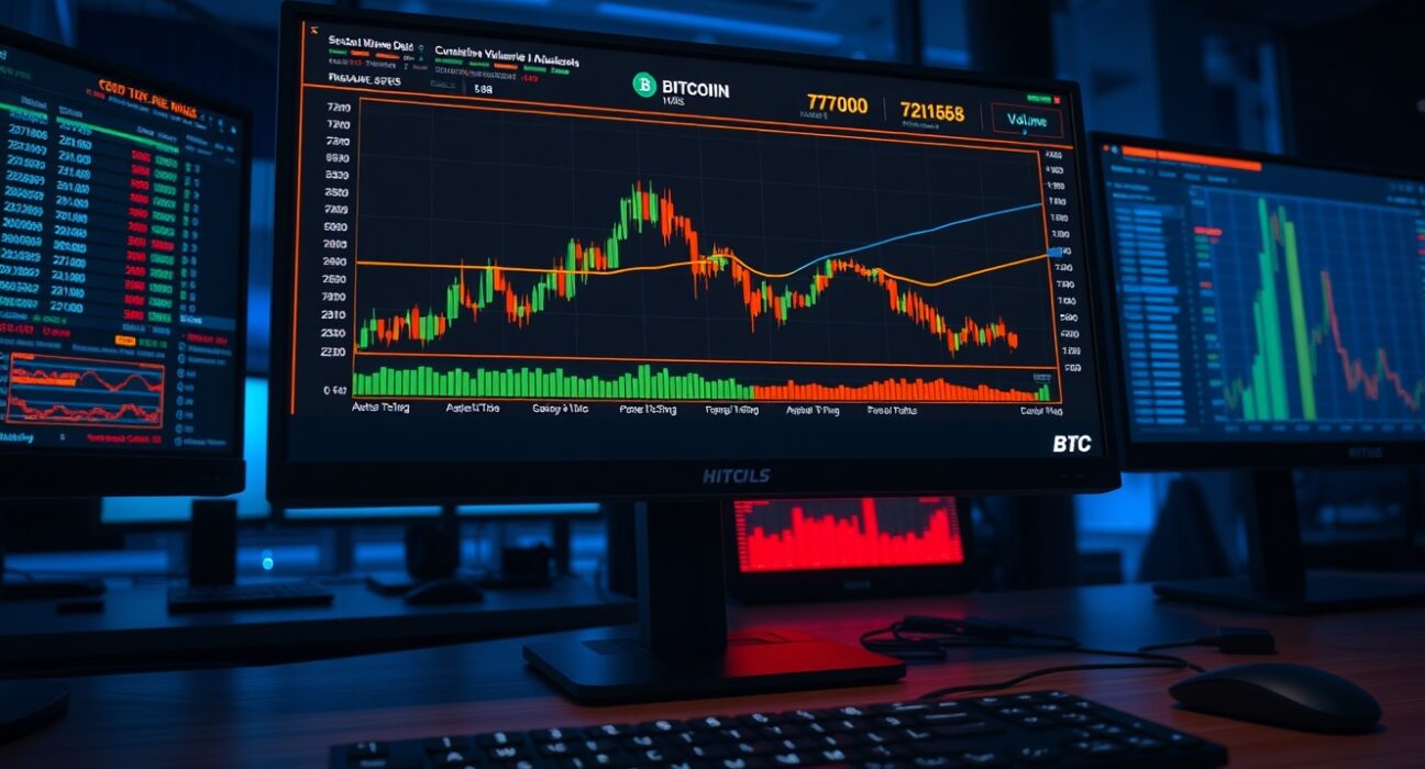 Bitcoin trading chart with CVD indicator and Volume Heatmap on a monitor at a professional trading desk.