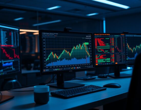 Bitcoin trading chart showing volume heatmap and cumulative volume delta on a monitor at a professional trading desk.