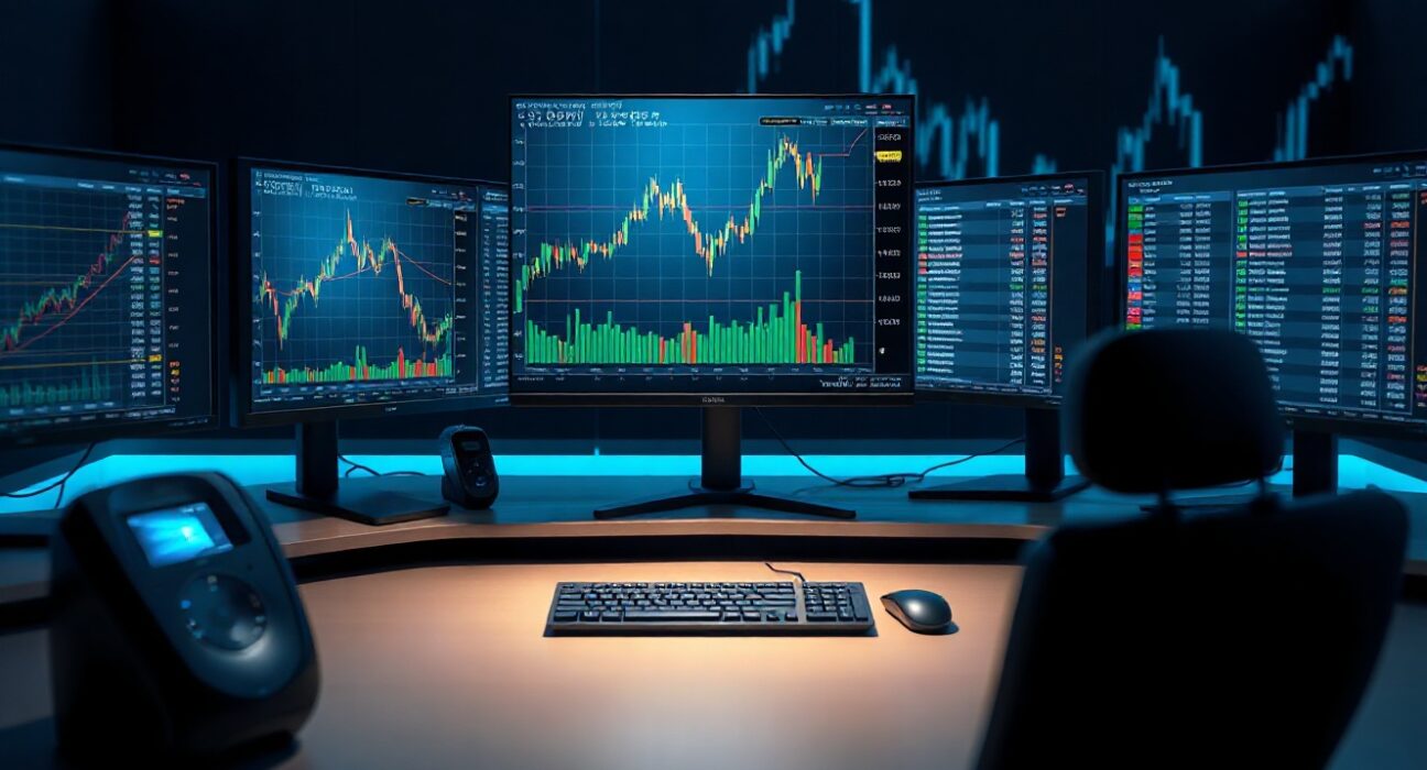 Trading desk with BTC/USDT chart showing volume heatmap and cumulative volume delta
