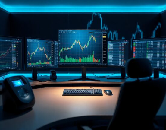 Trading desk with BTC/USDT chart showing volume heatmap and cumulative volume delta