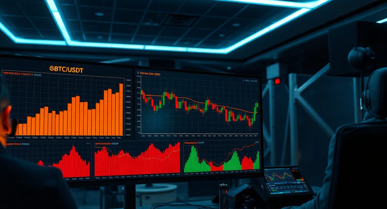 Bitcoin BTC/USDT spot trading order book heatmap and Cumulative Volume Delta chart on a professional trading monitor.