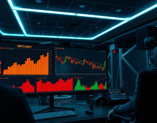 Bitcoin BTC/USDT spot trading order book heatmap and Cumulative Volume Delta chart on a professional trading monitor.