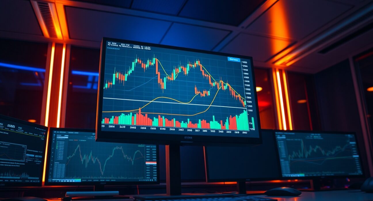 Professional trading desk with Bitcoin CVD chart and volume heatmap on monitors