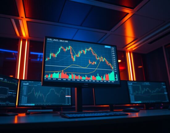 Professional trading desk with Bitcoin CVD chart and volume heatmap on monitors
