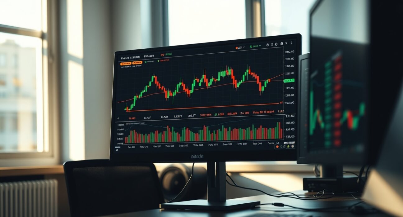 Bitcoin trading chart on a monitor showing CVD indicator and volume heatmap in a professional trading setup