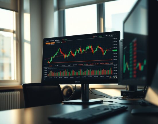 Bitcoin trading chart on a monitor showing CVD indicator and volume heatmap in a professional trading setup