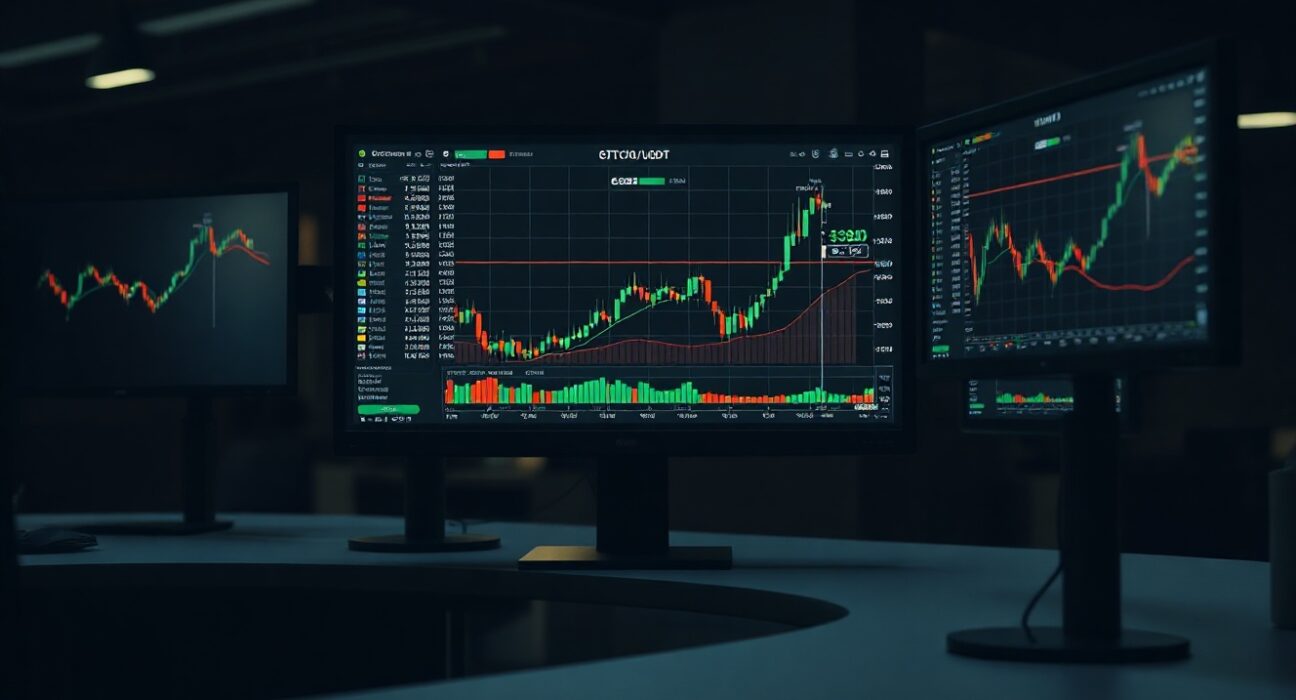 BTC/USDT spot cumulative volume delta chart and volume heatmap on trading monitors