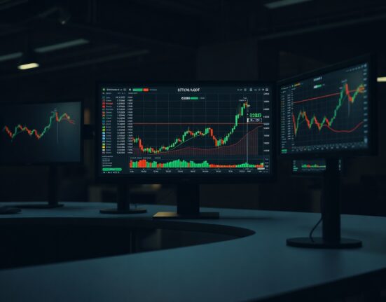 BTC/USDT spot cumulative volume delta chart and volume heatmap on trading monitors