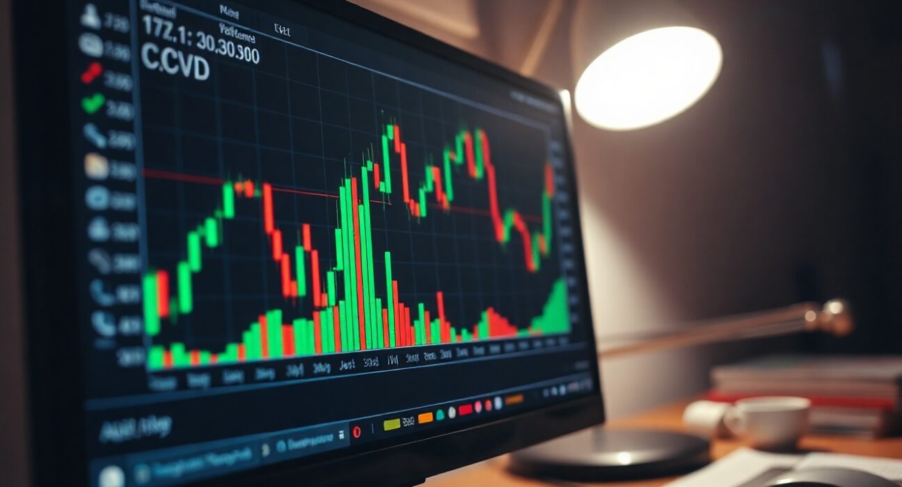 Bitcoin trading chart showing CVD indicator and volume heatmap on a monitor