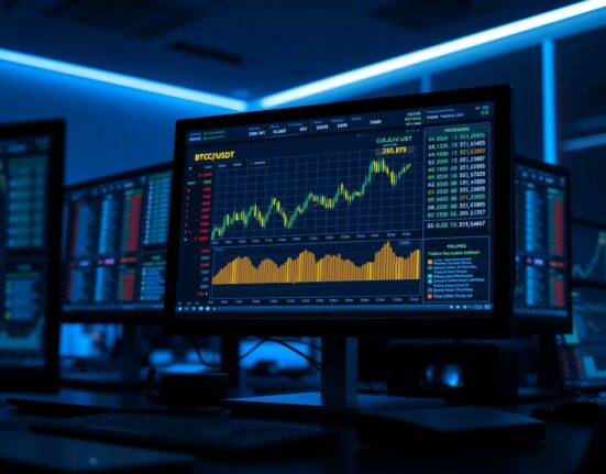 Trading desk monitors displaying BTC/USDT order book and cumulative volume delta chart