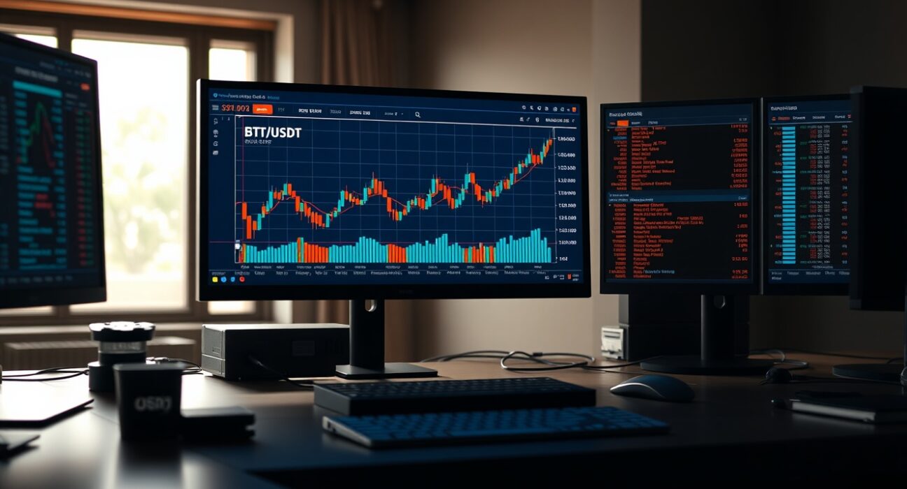 Trading desk monitors displaying BTC/USDT chart with volume heatmap and Cumulative Volume Delta indicators.