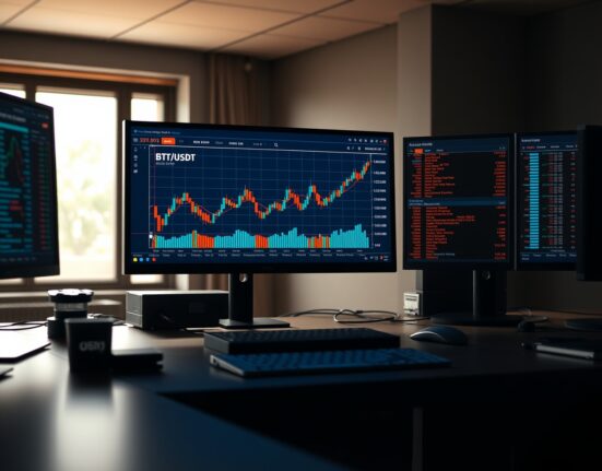 Trading desk monitors displaying BTC/USDT chart with volume heatmap and Cumulative Volume Delta indicators.