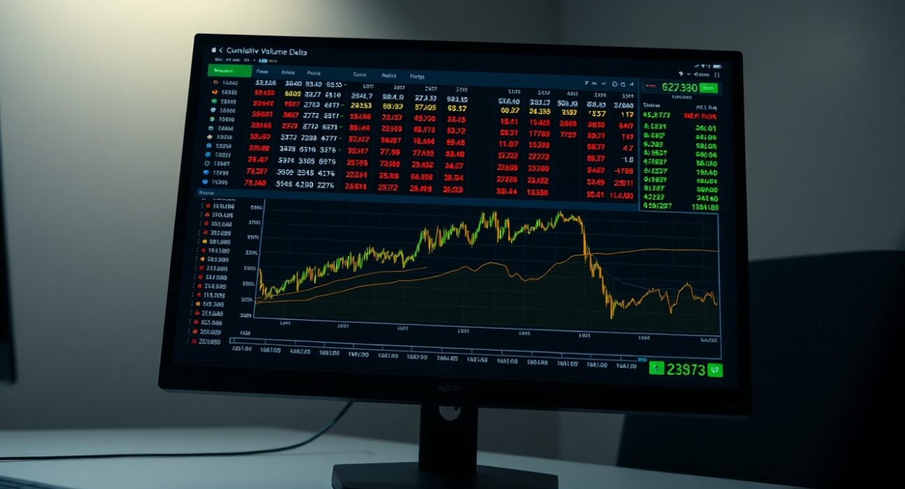 Close-up of a trading monitor displaying a Bitcoin BTC/USDT Cumulative Volume Delta (CVD) chart and volume heatmap.