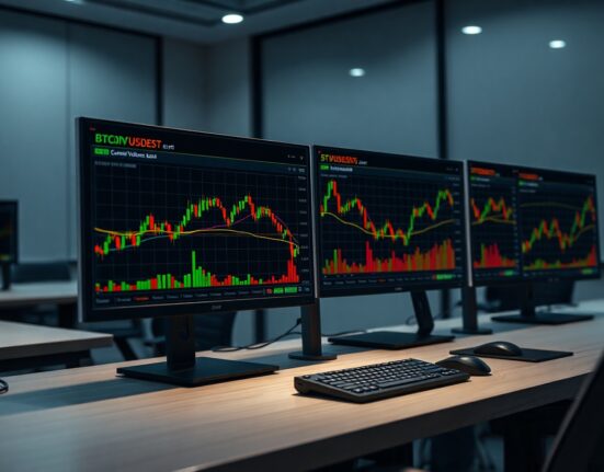 BTC/USDT spot Cumulative Volume Delta chart on a trading monitor with volume heatmap