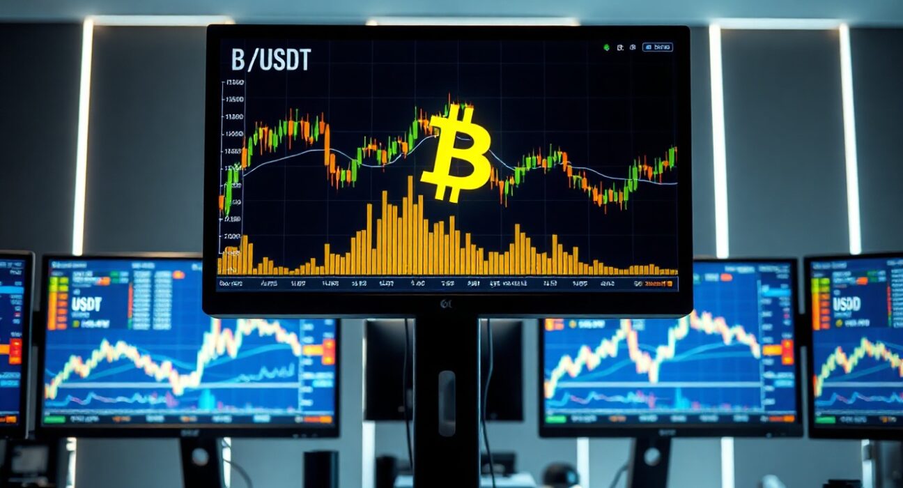 Bitcoin BTC/USDT trading chart showing Cumulative Volume Delta and volume heatmap on a professional monitor.
