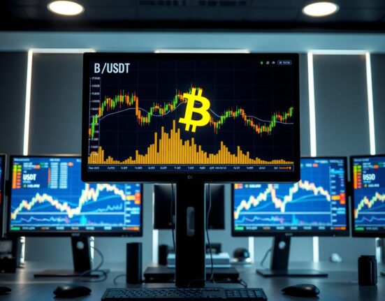Bitcoin BTC/USDT trading chart showing Cumulative Volume Delta and volume heatmap on a professional monitor.