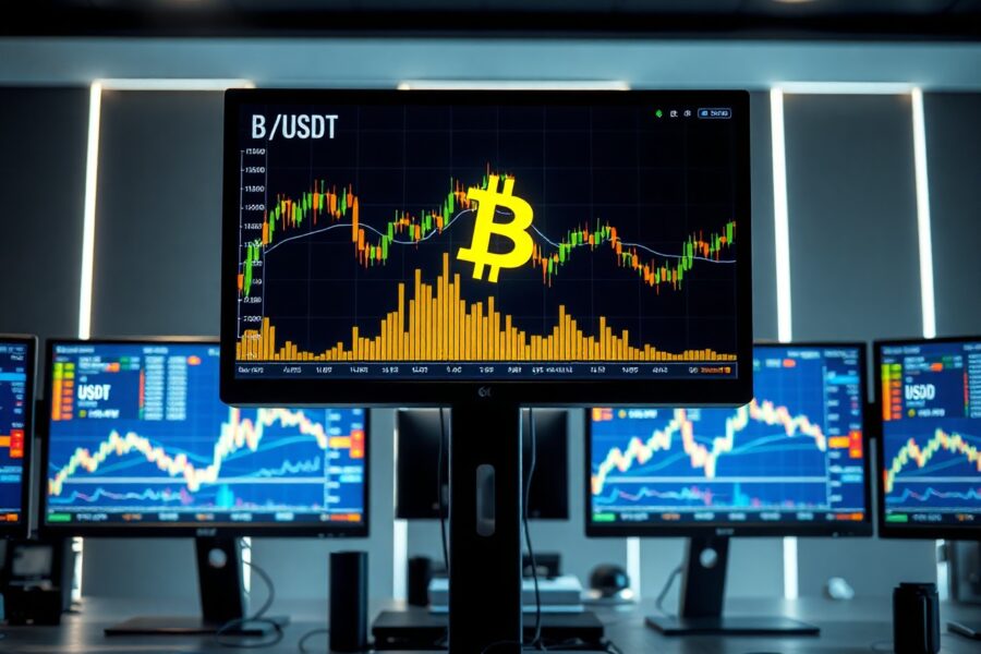 Bitcoin BTC/USDT trading chart showing Cumulative Volume Delta and volume heatmap on a professional monitor.