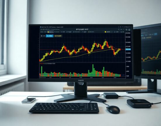 Financial trading monitors displaying BTC/USDT spot CVD chart with volume heatmap and cumulative volume delta indicator.