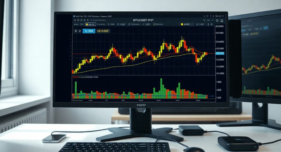Financial trading monitors displaying BTC/USDT spot CVD chart with volume heatmap and cumulative volume delta indicator.